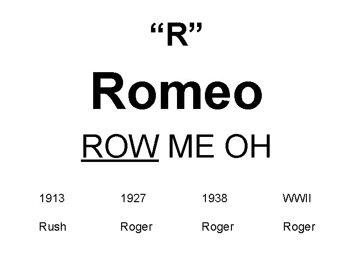 “R” Romeo ROW ME OH 1913 1927 1938 WWII Rush Roger 