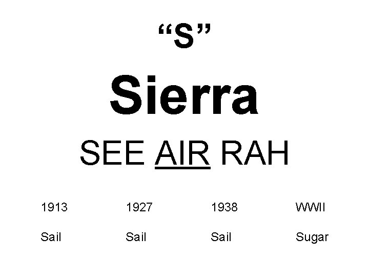 “S” Sierra SEE AIR RAH 1913 1927 1938 WWII Sail Sugar 