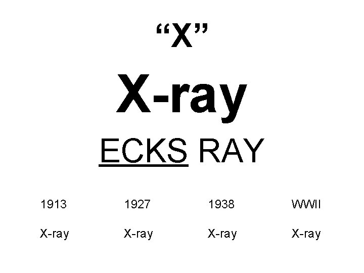 “X” X-ray ECKS RAY 1913 1927 1938 WWII X-ray 