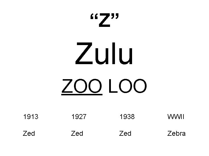 “Z” Zulu ZOO LOO 1913 1927 1938 WWII Zed Zed Zebra 