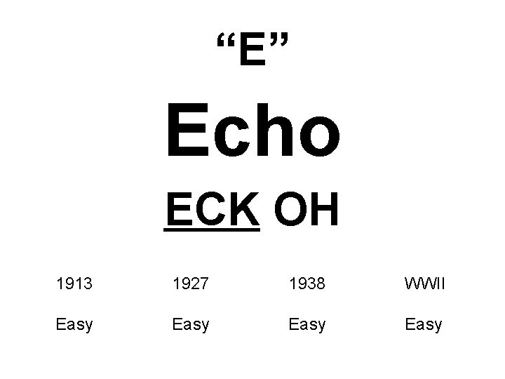 “E” Echo ECK OH 1913 1927 1938 WWII Easy 