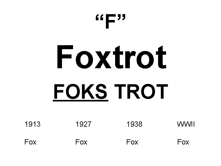 “F” Foxtrot FOKS TROT 1913 1927 1938 WWII Fox Fox 