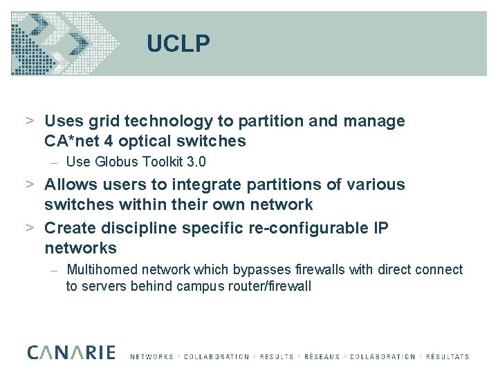 UCLP > Uses grid technology to partition and manage CA*net 4 optical switches –