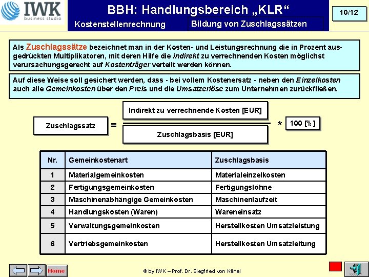 BBH: Handlungsbereich „KLR“ Kostenstellenrechnung 10/12 Bildung von Zuschlagssätzen Als Zuschlagssätze bezeichnet man in der