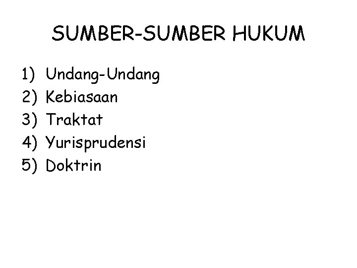 SUMBER-SUMBER HUKUM 1) 2) 3) 4) 5) Undang-Undang Kebiasaan Traktat Yurisprudensi Doktrin 