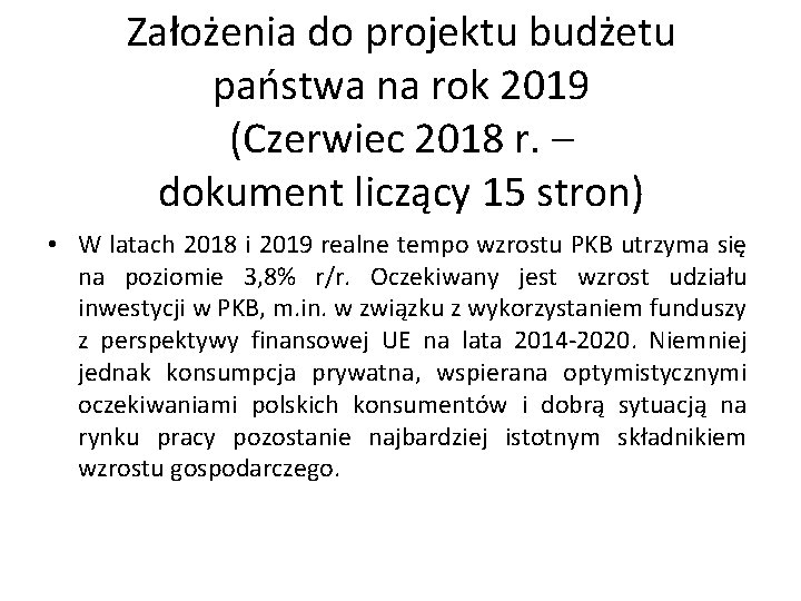 Założenia do projektu budżetu państwa na rok 2019 (Czerwiec 2018 r. – dokument liczący