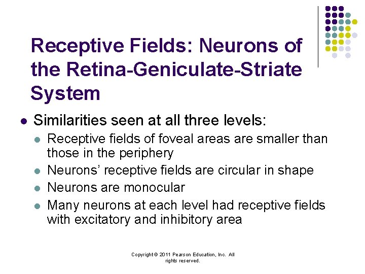 Receptive Fields: Neurons of the Retina-Geniculate-Striate System l Similarities seen at all three levels: