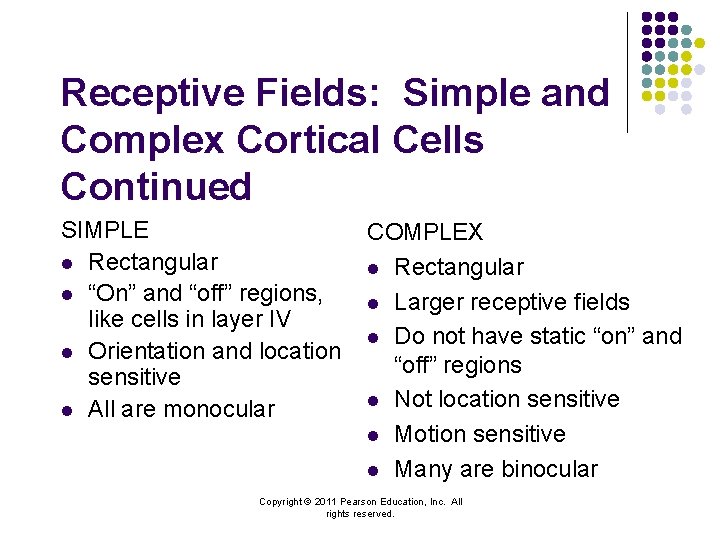 Receptive Fields: Simple and Complex Cortical Cells Continued SIMPLE l Rectangular l “On” and
