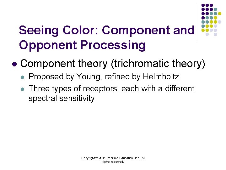 Seeing Color: Component and Opponent Processing l Component theory (trichromatic theory) l l Proposed