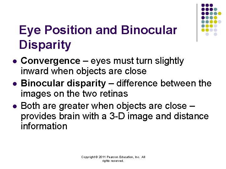 Eye Position and Binocular Disparity l l l Convergence – eyes must turn slightly