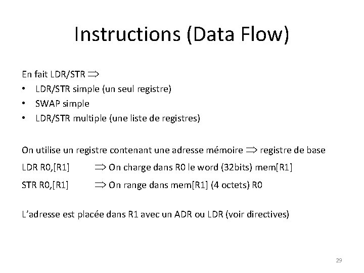 Instructions (Data Flow) En fait LDR/STR • LDR/STR simple (un seul registre) • SWAP