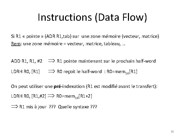 Instructions (Data Flow) Si R 1 « pointe » (ADR R 1, tab) sur