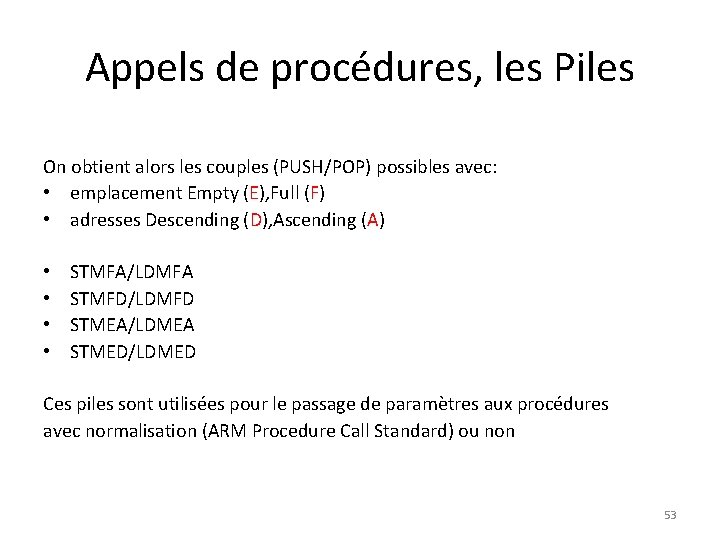 Appels de procédures, les Piles On obtient alors les couples (PUSH/POP) possibles avec: •