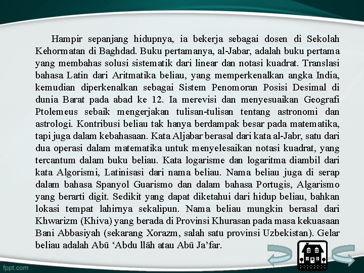  Hampir sepanjang hidupnya, ia bekerja sebagai dosen di Sekolah Kehormatan di Baghdad. Buku