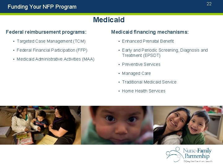 22 Funding Your NFP Program Medicaid Federal reimbursement programs: Medicaid financing mechanisms: • Targeted