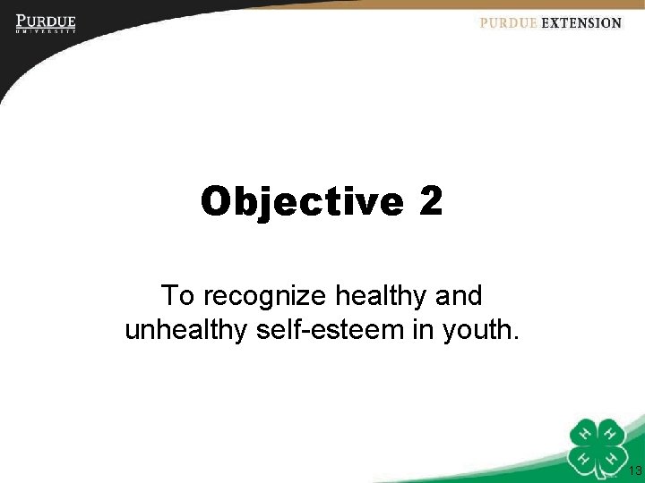 Objective 2 To recognize healthy and unhealthy self-esteem in youth. 13 