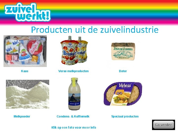 Producten uit de zuivelindustrie Kaas Melkpoeder Verse melkproducten Condens- & Koffiemelk Klik op een