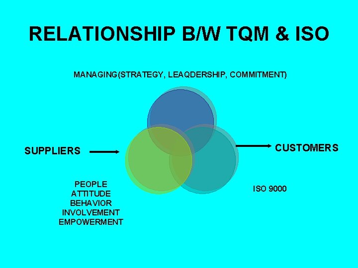 RELATIONSHIP B/W TQM & ISO MANAGING(STRATEGY, LEAQDERSHIP, COMMITMENT) SUPPLIERS PEOPLE ATTITUDE BEHAVIOR INVOLVEMENT EMPOWERMENT