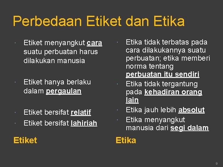 Perbedaan Etiket dan Etika Etiket menyangkut cara suatu perbuatan harus dilakukan manusia Etiket hanya