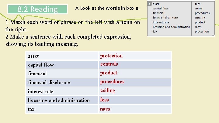 8. 2 Reading A Look at the words in box a. 1 Match each