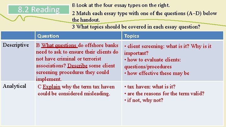 8. 2 Reading Descriptive Analytical B Look at the four essay types on the