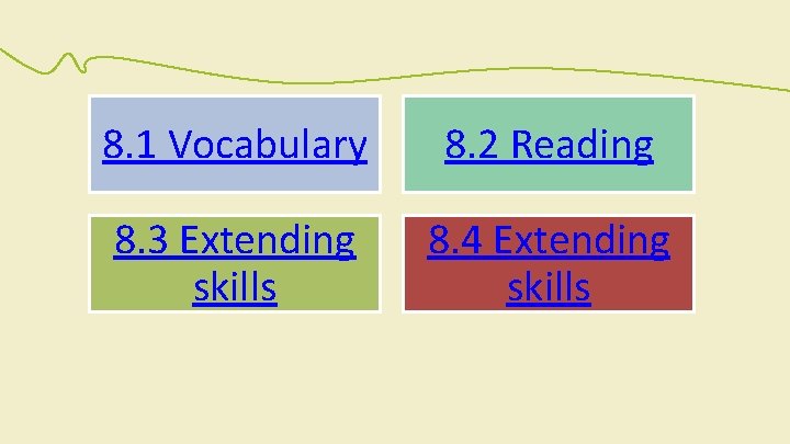 8. 1 Vocabulary 8. 2 Reading 8. 3 Extending skills 8. 4 Extending skills