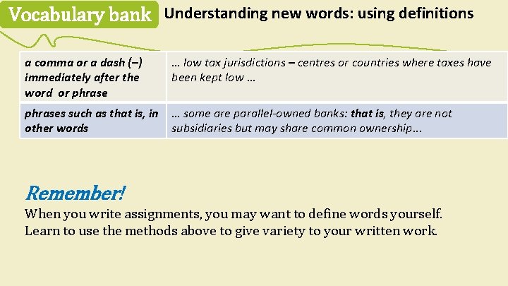 Vocabulary bank Understanding new words: using definitions a comma or a dash (–) immediately