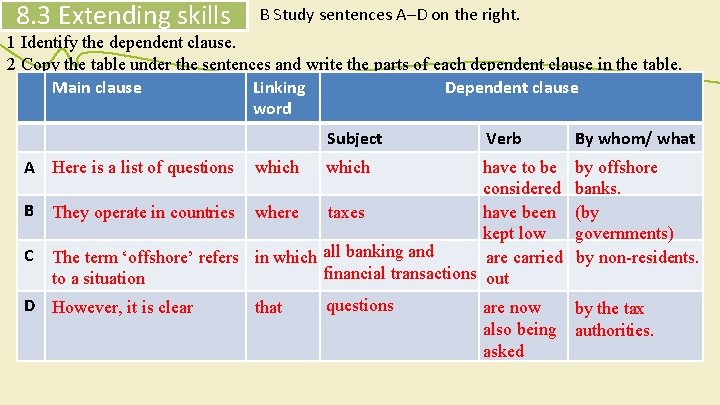 8. 3 Extending skills B Study sentences A–D on the right. 1 Identify the