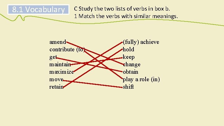 8. 1 Vocabulary C Study the two lists of verbs in box b. 1