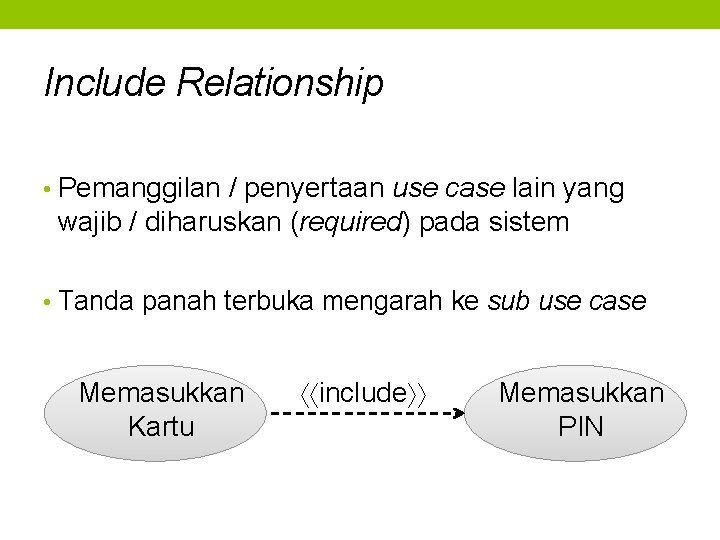 Include Relationship • Pemanggilan / penyertaan use case lain yang wajib / diharuskan (required)