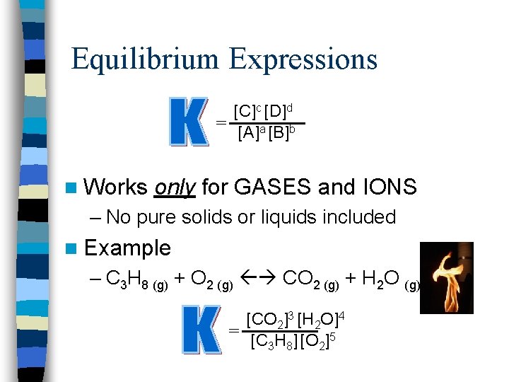 Equilibrium Expressions [C]c [D]d = [A]a [B]b n Works only for GASES and IONS
