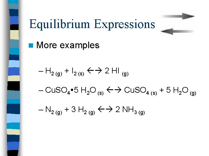 Equilibrium Expressions n More examples – H 2 (g) + I 2 (s) 2