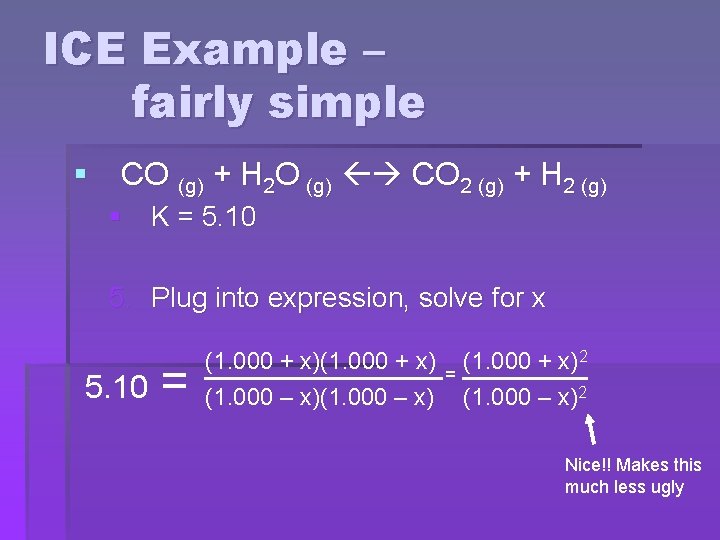 ICE Example – fairly simple § CO (g) + H 2 O (g) CO