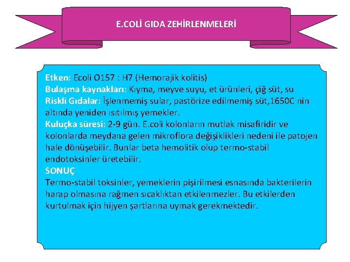 E. COLİ GIDA ZEHİRLENMELERİ Etken: Ecoli O 157 : H 7 (Hemorajik kolitis) Bulaşma