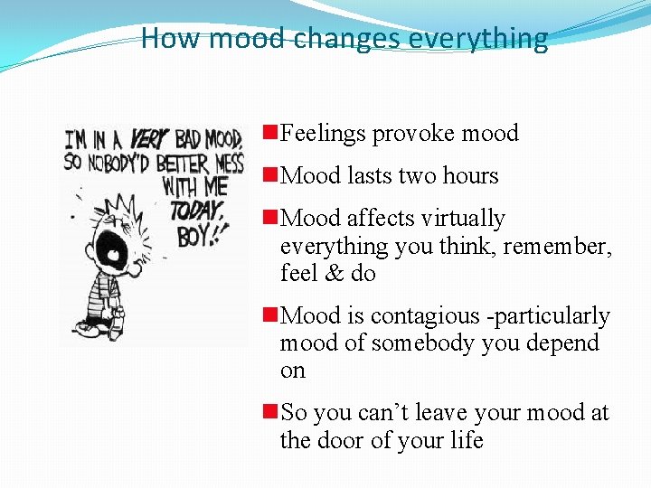 How mood changes everything n Feelings provoke mood n Mood lasts two hours n
