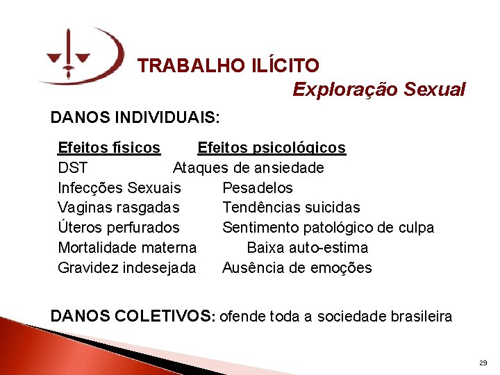 TRABALHO ILÍCITO Exploração Sexual DANOS INDIVIDUAIS: Efeitos físicos Efeitos psicológicos DST Ataques de ansiedade