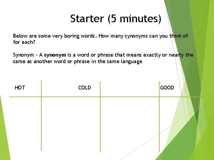 Starter (5 minutes) Below are some very boring words. How many synonyms can you