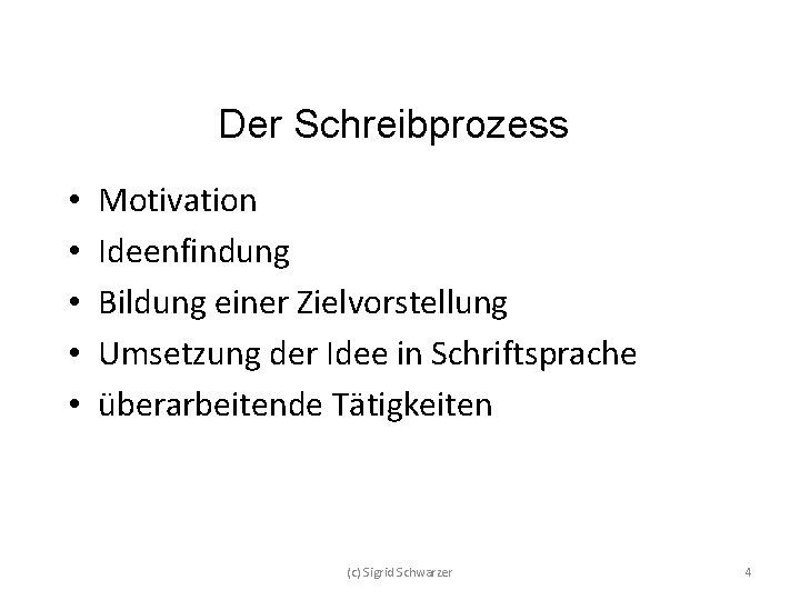 Der Schreibprozess • • • Motivation Ideenfindung Bildung einer Zielvorstellung Umsetzung der Idee in
