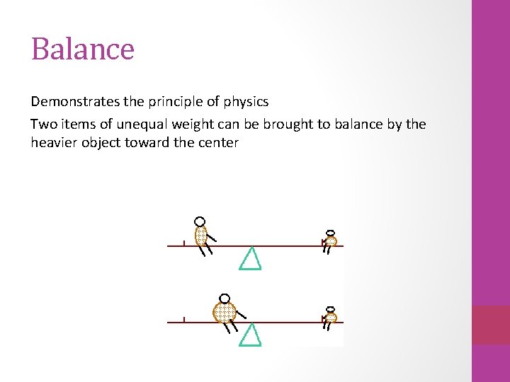 Balance Demonstrates the principle of physics Two items of unequal weight can be brought