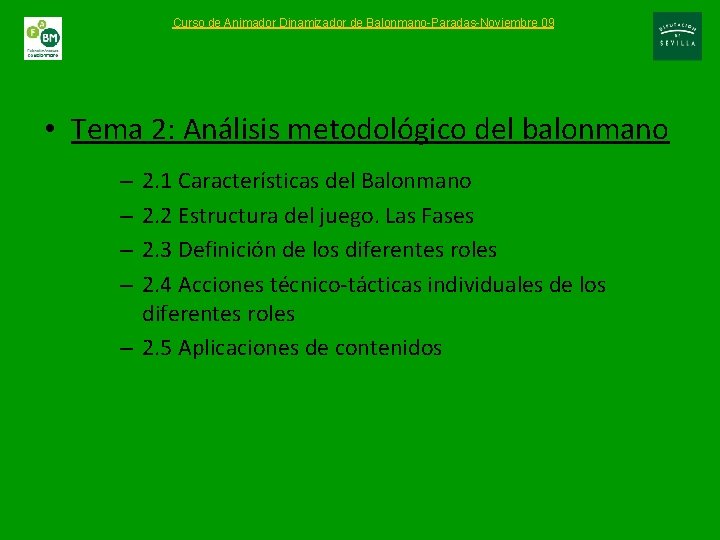 Curso de Animador Dinamizador de Balonmano-Paradas-Noviembre 09 • Tema 2: Análisis metodológico del balonmano
