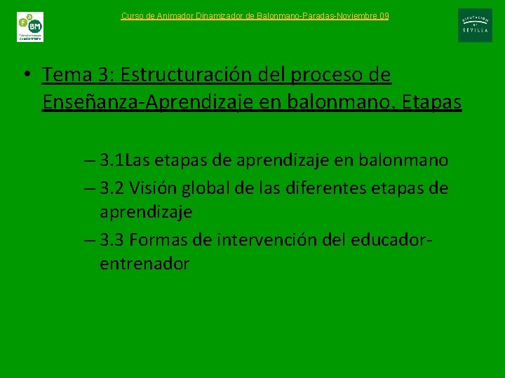 Curso de Animador Dinamizador de Balonmano-Paradas-Noviembre 09 • Tema 3: Estructuración del proceso de