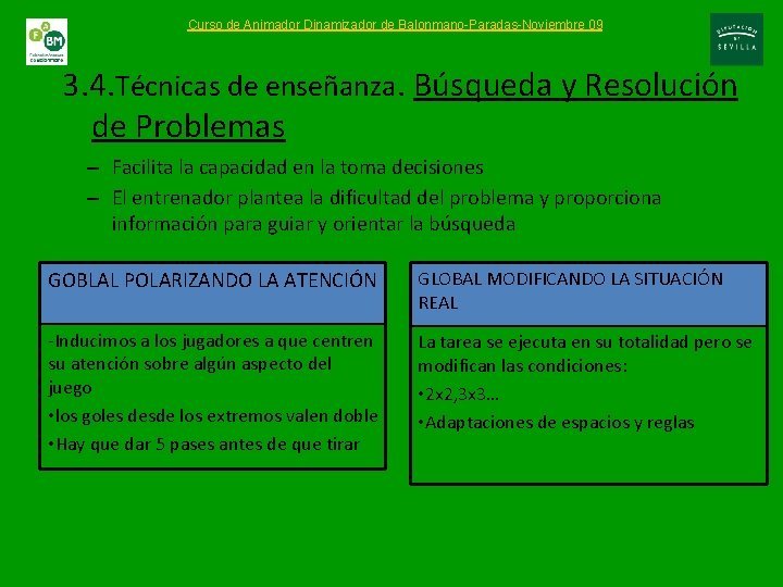 Curso de Animador Dinamizador de Balonmano-Paradas-Noviembre 09 3. 4. Técnicas de enseñanza. Búsqueda y