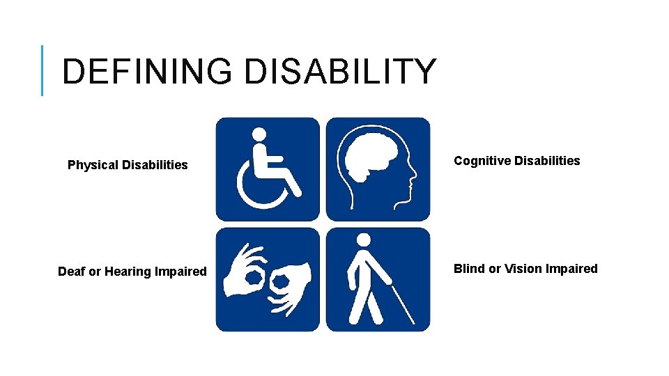 DEFINING DISABILITY Physical Disabilities Deaf or Hearing Impaired Cognitive Disabilities Blind or Vision Impaired