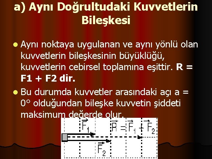 a) Aynı Doğrultudaki Kuvvetlerin Bileşkesi l Aynı noktaya uygulanan ve aynı yönlü olan kuvvetlerin