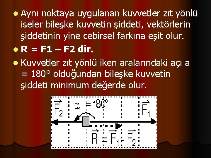 l Aynı noktaya uygulanan kuvvetler zıt yönlü iseler bileşke kuvvetin şiddeti, vektörlerin şiddetinin yine