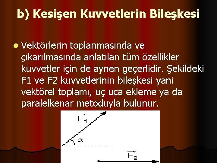 b) Kesişen Kuvvetlerin Bileşkesi l Vektörlerin toplanmasında ve çıkarılmasında anlatılan tüm özellikler kuvvetler için