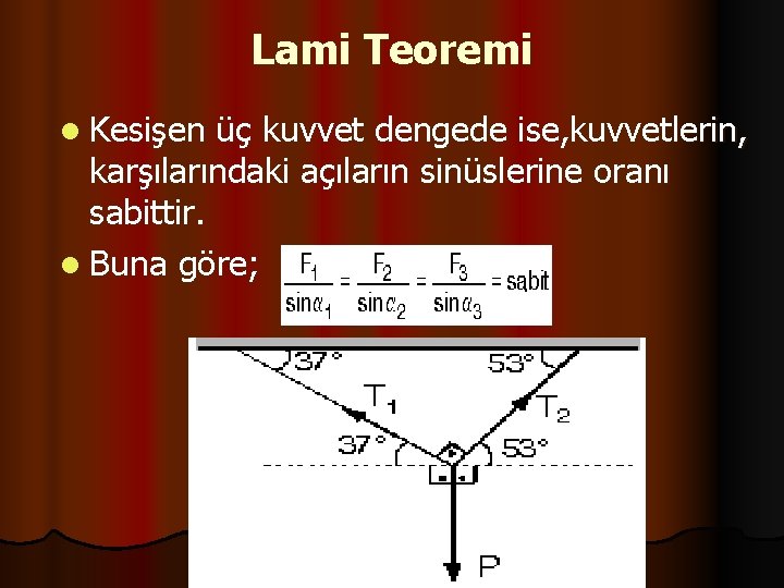 Lami Teoremi l Kesişen üç kuvvet dengede ise, kuvvetlerin, karşılarındaki açıların sinüslerine oranı sabittir.