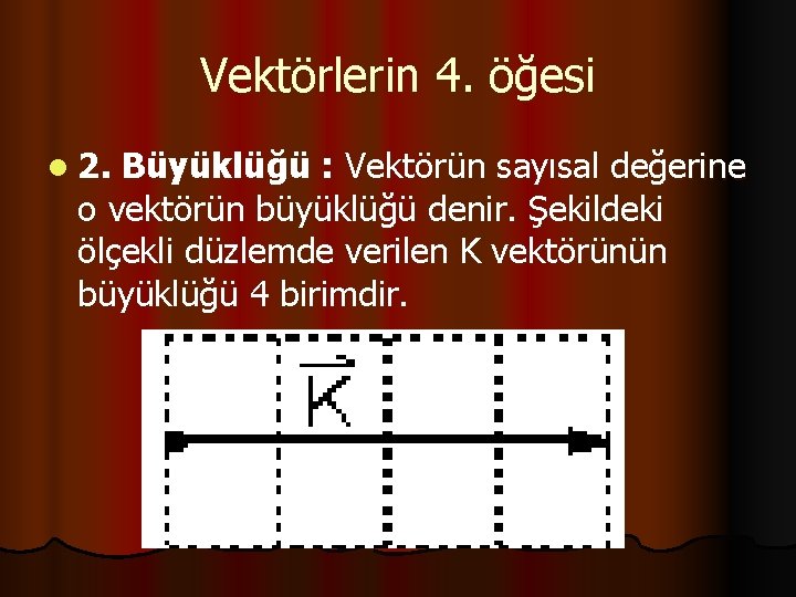 Vektörlerin 4. öğesi l 2. Büyüklüğü : Vektörün sayısal değerine o vektörün büyüklüğü denir.