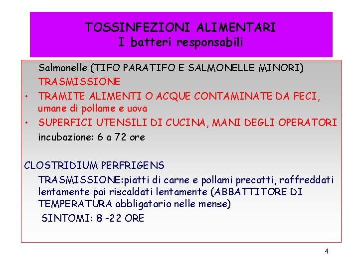 TOSSINFEZIONI ALIMENTARI I batteri responsabili Salmonelle (TIFO PARATIFO E SALMONELLE MINORI) TRASMISSIONE • TRAMITE