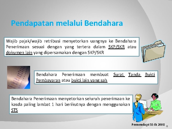 Pendapatan melalui Bendahara Wajib pajak/wajib retribusi menyetorkan uangnya ke Bendahara Penerimaan sesuai dengan yang
